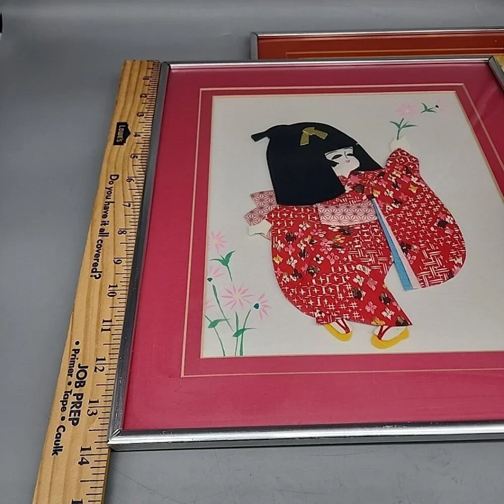 Pair Set Japanese Girl Kimono Fabric 3D Wall Art Geisha Wood Frame Art Asian